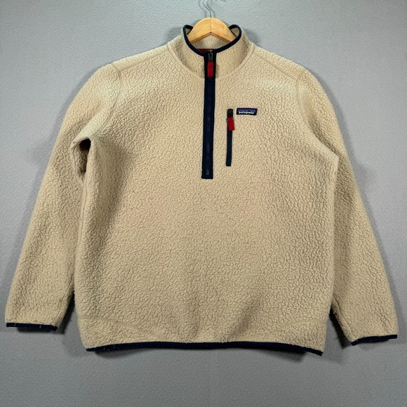 Patagonia Sherpa Fleece Jacket Mens Large Beige‎ Pullover Half Zip Fuzzy Retro - Picture 1 of 16